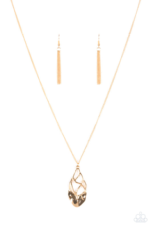 Swinging from the bottom of an elongated gold chain, twisting gold bars attach to a delicately hammered gold plate, coalescing into a refined pendant. Features an adjustable clasp closure.