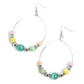 Silver beads, dainty silver wheel beads, and vibrant pink, yellow, blue, green, and orange cat's eye stones in varying sizes are threaded along a delicate teardrop-shaped silver wire resulting in an earthy lure. Earring attaches to a standard fishhook fitting.