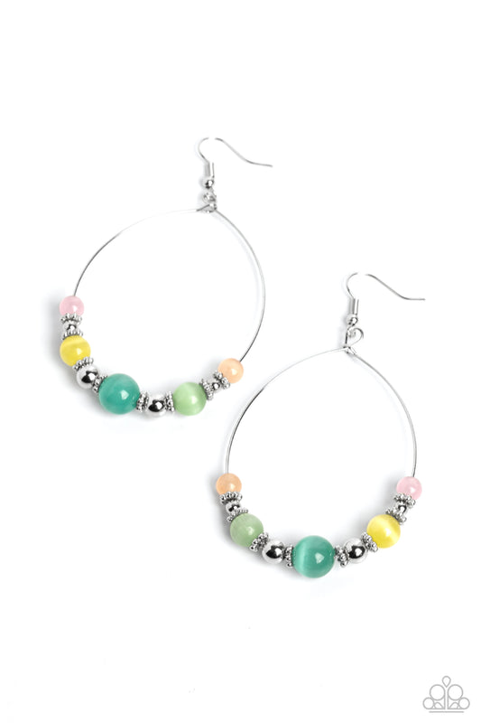 Silver beads, dainty silver wheel beads, and vibrant pink, yellow, blue, green, and orange cat's eye stones in varying sizes are threaded along a delicate teardrop-shaped silver wire resulting in an earthy lure. Earring attaches to a standard fishhook fitting.