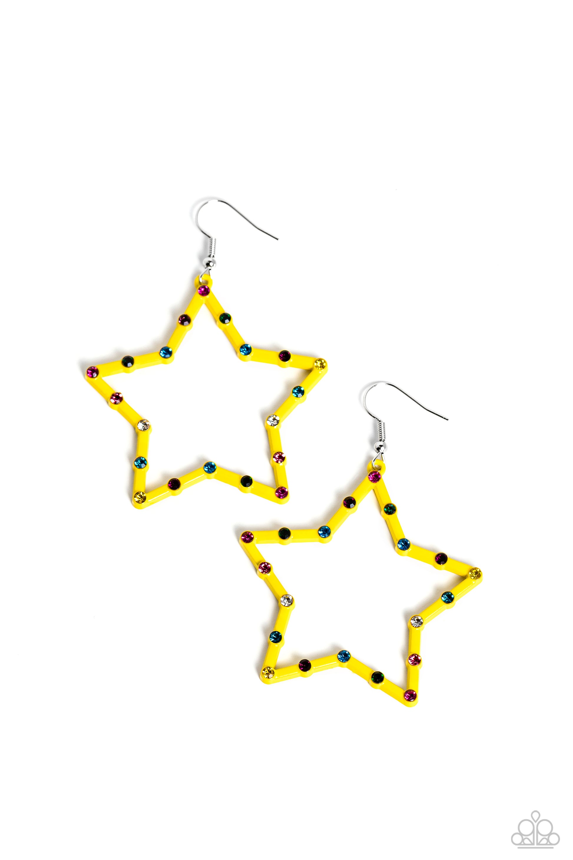 Yellow star frames, dotted with dainty colorful rhinestones, reflects light off its colored surface for a fashion-forward statement. Earring attaches to a standard fishhook fitting.