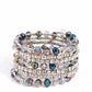 Threaded along a coiled wire, silver beads, white rhinestones in silver square fittings, and oil spill, blue, silver, and transparent faceted beads curl around the wrist, creating an eye-catching, infinity wrap-style bracelet around the wrist.