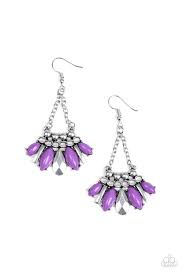 A collision of purple marquise beads, sleek silver triangular frames, and a faceted silver teardrop coalesce at the bottom of a studded and chain-link frame for a wild tribal inspired look. Earring attaches to a standard fishhook fitting.
