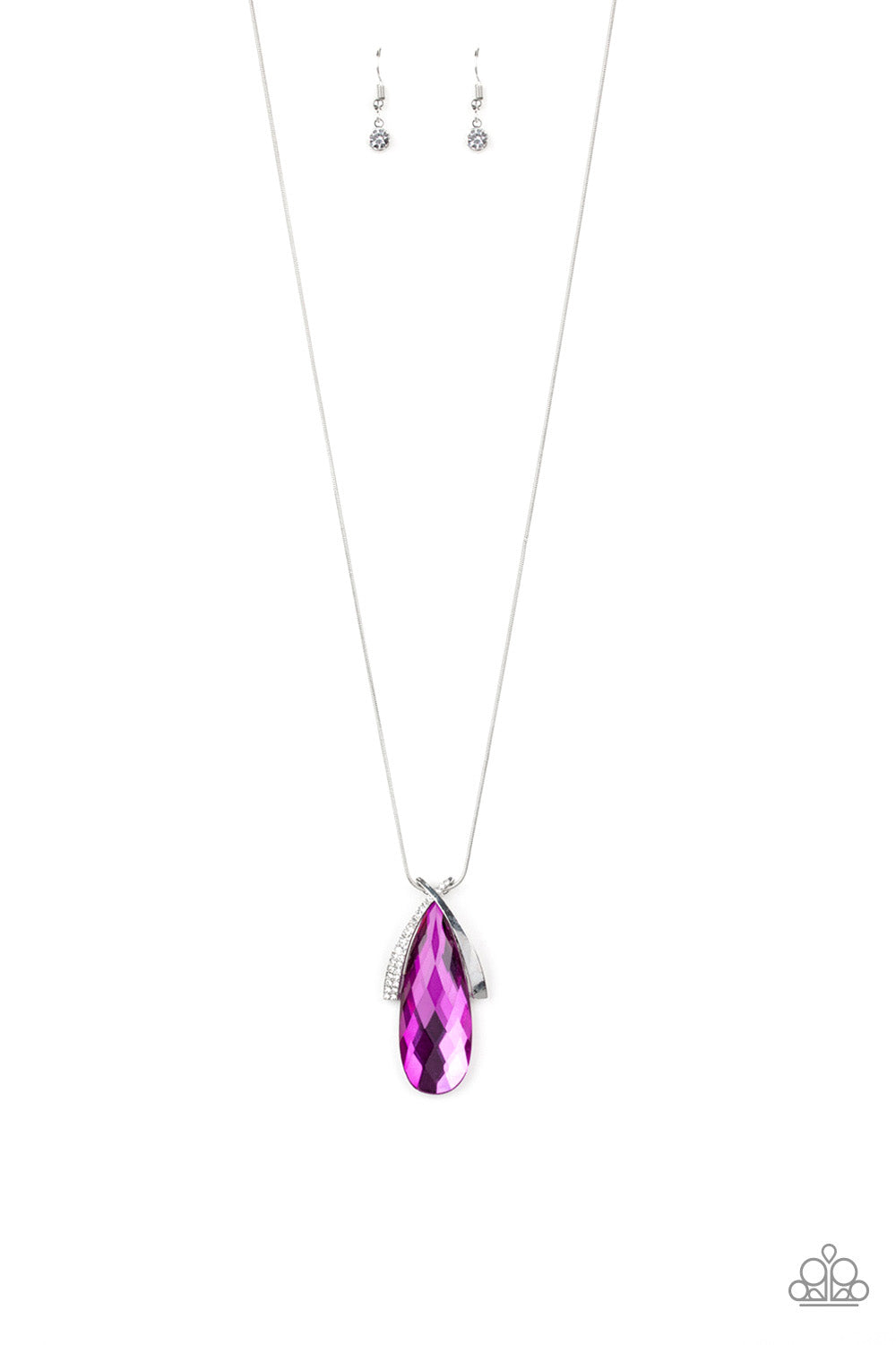 A white rhinestone encrusted frame and smooth silver frame overlap at the top of a faceted pink teardrop gem, creating a dramatic pendant. The refined pendant swings from the bottom of a rounded snake chain for a sleek finish. Features an adjustable clasp closure.