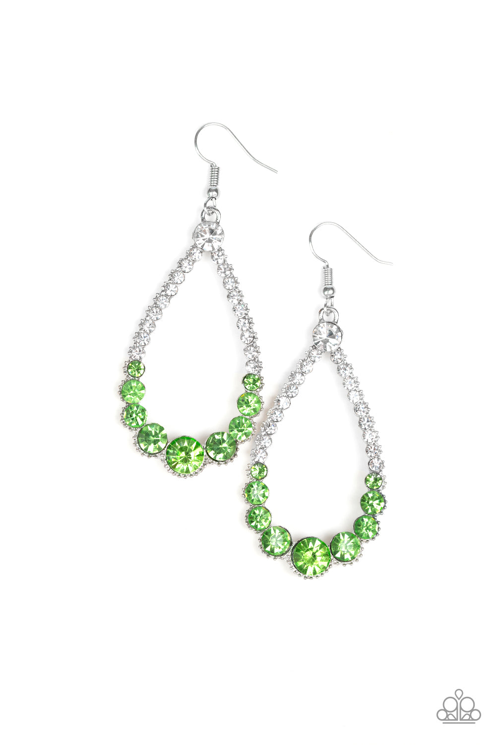 Glassy white rhinestones fade into green rhinestones along the front of an ornate silver teardrop. The sparkling green rhinestones gradually increase in size at the bottom of the lure for a sophisticated finish. Earring attaches to a standard fishhook fitting.