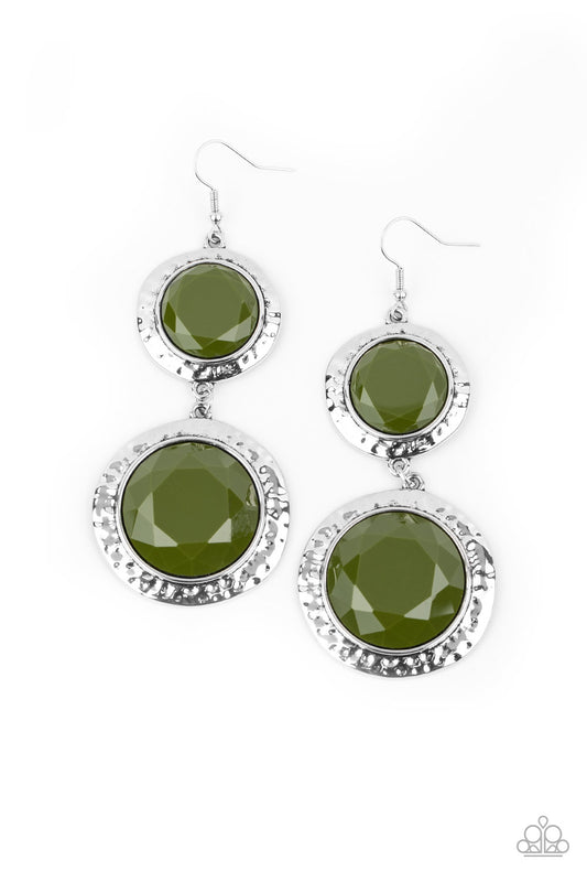 Varying in size, a pair of faceted Military Olive beads are pressed into the shimmery centers of hammered silver frames as they link into a colorfully rustic lure. Earring attaches to a standard fishhook fitting.